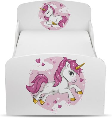 Дерев'яне ліжко Leomark Lovely Unicorn для дітей з матрацом, бортиками та ламелями, 70/140 см, з УФ-друком