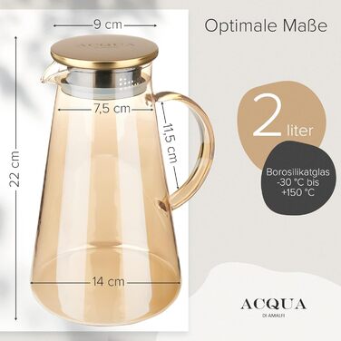 Скляна карафа ACQUA DI AMALFI® 2 літри з нержавіючою сталлю/бамбуком, для води та фруктів, витоки неможливі, також як чайник (Золото/Бамбук)