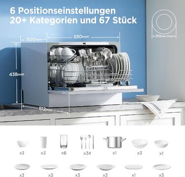 Посудомийна машина Midea Mini 6 комплектів посуду, 6+1 програми, IoT-керування, таймер відстрочки запуску, покращена сушка, компактна для малогабаритних квартир, модель 2024, енергоклас D