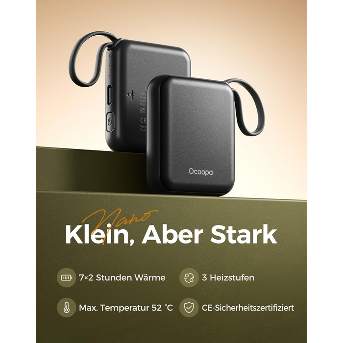 Електричні грілки для рук OCOOPA 2 шт. з акумулятором 4000mAh, USB, 3 режими нагріву, до 52°C, для зими, катання на лижах, подорожей та активного відпочинку, UT5 Nano Wiesengeflüster (Ocoopa x Künstleredition), чорний