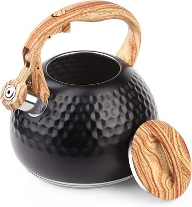 Сучасний чайник об'ємом 3 л, індукційний чайник зі свистком з нержавіючої сталі, чайник для всіх конфорок, чайник з дерев'яною ручкою, чайник для приготування чаю, кава (чорний)