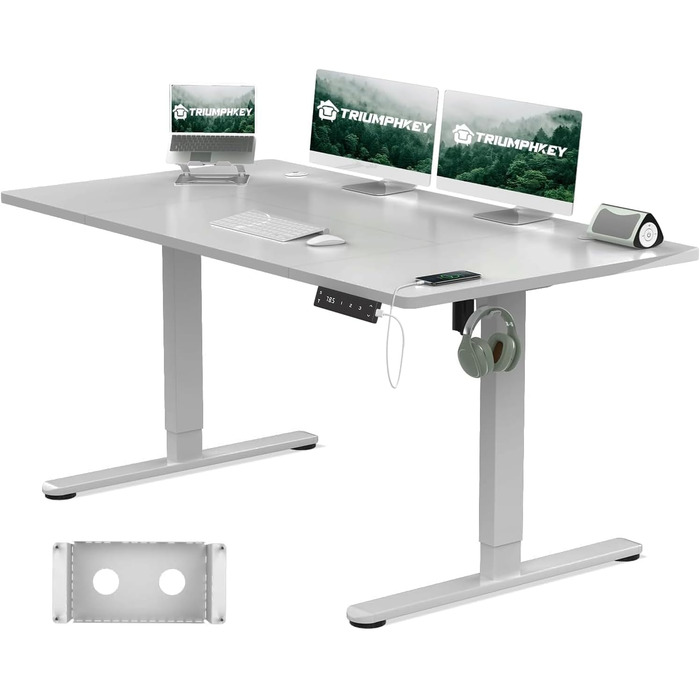 Регульований стіл за висотою 140x80 см з USB-C зарядкою, органайзером для кабелів, пам'яттю положень, білий (сірий)