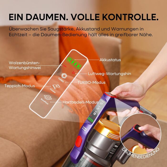 Акумуляторний пилосос KIPMAX 50000Pa, 550W, 70хв, 1.5л, з дисплеєм, анти-заплутальна щітка, 7-шаровий фільтр, 2 аромапластини, для килимів, шерсті тварин, твердих підлог, фіолетово-золотий