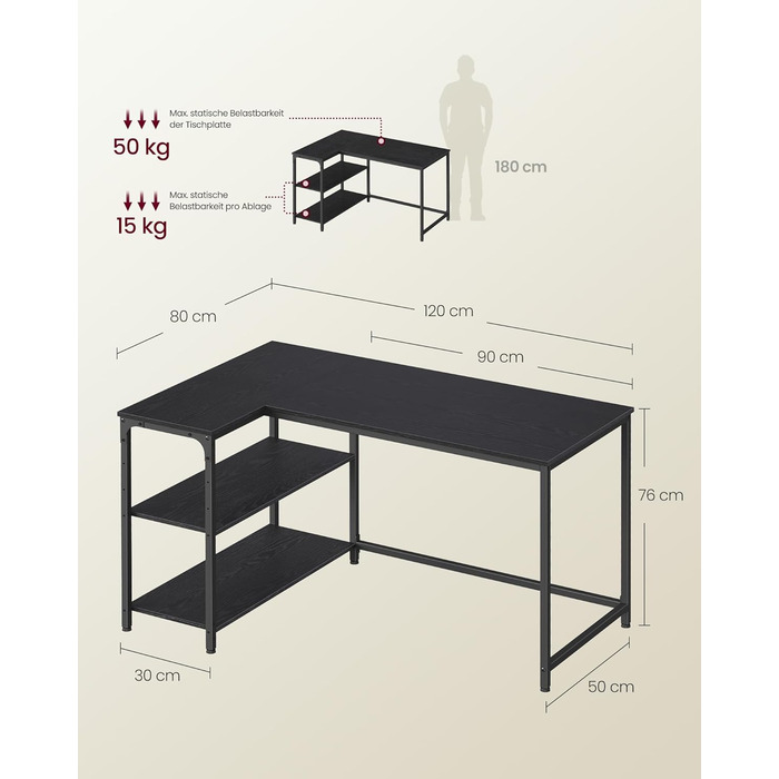 Кутовий стіл VASAGLE L-подібний з полицею, комп'ютерний стіл з місцем для зберігання, офісний стіл для дому, 120 x 80 см, Чорний горіх