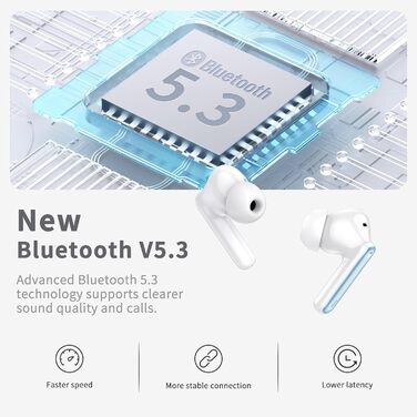 Навушники-вкладиші Bluetooth 5.3, 4 мікрофони ENC, глибокі баси, 40 годин, водонепроникність IP7, бездротовий зв'язок (світло-блакитний)