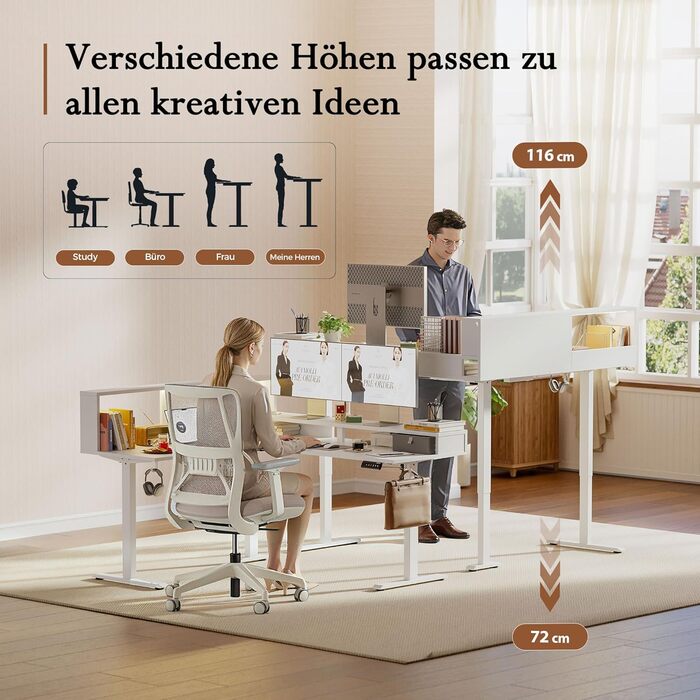 Електричний кутовий стіл Klicelor з регулюванням висоти, 160 x 140 см, білий, з LED та 3 функціями пам'яті