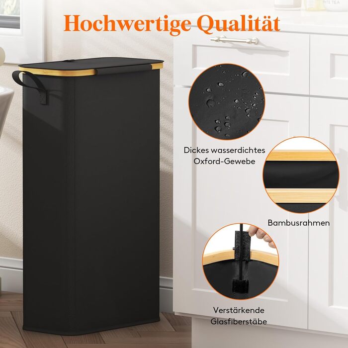 Кошик для білизни Lifewit з кришкою, вузький, складаний, 65л, бамбук, з ручкою, чорний
