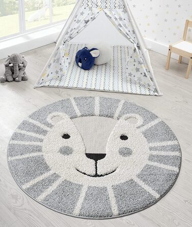 М'який затишний дитячий килим the carpet Lou, М'який затишний ворс, легкий у догляді, стійкий до фарбування, відкритий, 3D-вид, із зображенням лева, круглий 160 см (круглий 80 х 80 см, сірий-2)