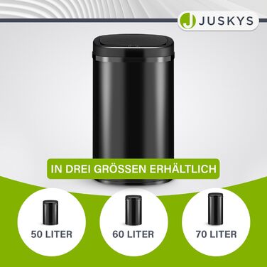 Сміттєвий бак Juskys для кухні з датчиком руху, 60 л, чорний, з кришкою-затискачем для пакетів, нержавіюча сталь, безконтактне відкривання