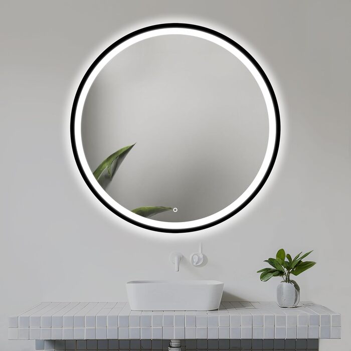 Дзеркало для ванної кімнати LED 60 см з чорною рамою, кругле, з підсвіткою (80x80 см)