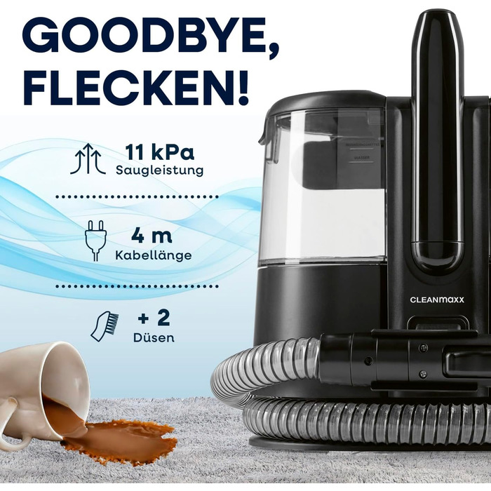 CLEANmaxx Професійний пароочисник для килимів та м'яких меблів Pro Steam | Плямистовий очищувач & EASYmaxx Засіб для килимів | Миючий пилосос для диванів, авто, килимів, м'яких меблів | Плямистовий очищувач (Чорний з шампунем, Pro 400W)