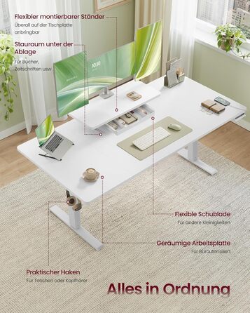 Регульований стіл VASAGLE з підставкою для монітора, шухлядою та USB-C, нагадування про перерви, 160 x 80 см, Wolkenweiß