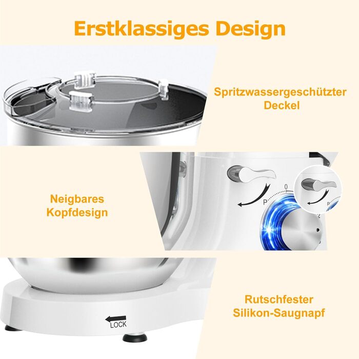 Кухонна машина AUMATE 1400W з міксером, гаком для тіста та набором насадок (6.2 л, порцеляна)