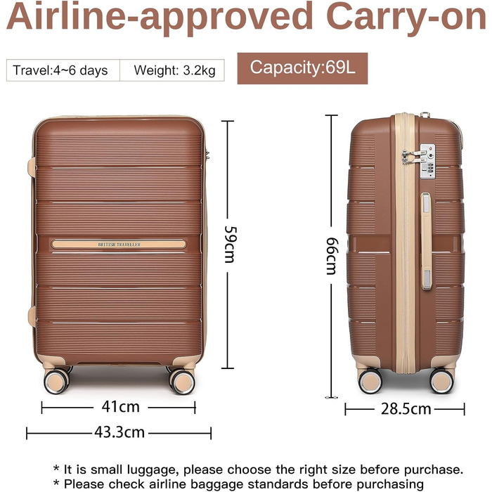 Жорсткий чохол British Traveller 24'-M, 8 обертових коліс, замок TSA, коричневий, 66x43.3x28.5см