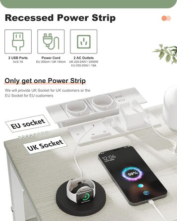 Нічний столик з 3 шухлядами, зарядний станція, 2 розетки AC та 2 USB, з роликами, білий