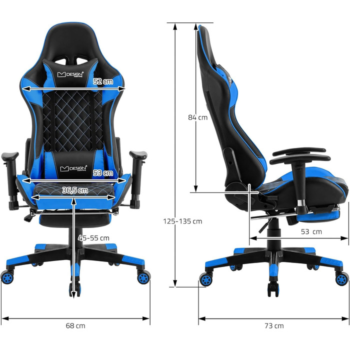 Ігрове крісло ML-Design, Шкірозамінник, Ергономічне, З підставкою для ніг, Підлокітником, Підголівник, Синій