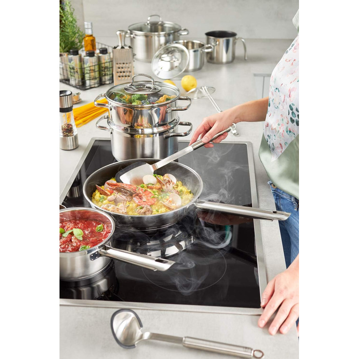 Високоякісний совок для сковороди з силіконовим обідком і круглою ручкою, нержавіюча сталь 18/10, можна мити в посудомийній машині, 36 x 7 x 3,5 см, чорний