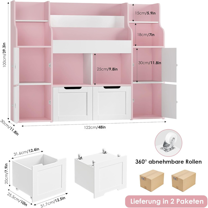 FOREHILL Дитяча полиця-стелаж для іграшок та книг у кімнату з дерева, рожева, 122 x 30 x 100 см