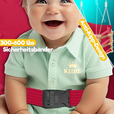 Дитячий гойдалка-колиска KIDIZ® для немовлят (від 6 міс.) та малюків до 3+ років, дерев'яна, з регулюванням висоти та м'якою подушкою, для дому та вулиці, бордовий колір