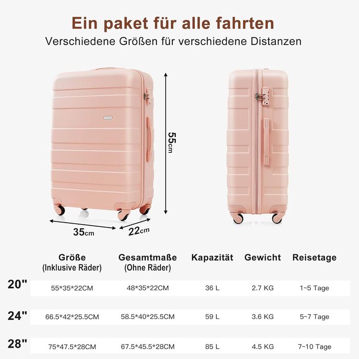 Набір валіз Merax 3шт з ABS-пластику, колеса та TSA-замком (рожевий)