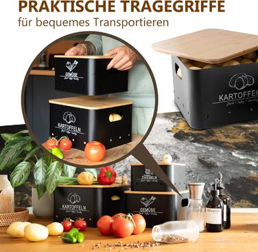 Коробки для зберігання картоплі та овочів MNKsolution (3 шт.) - Чорні контейнери для картоплі, овочів, цибулі та часнику - Органайзер для кухні
