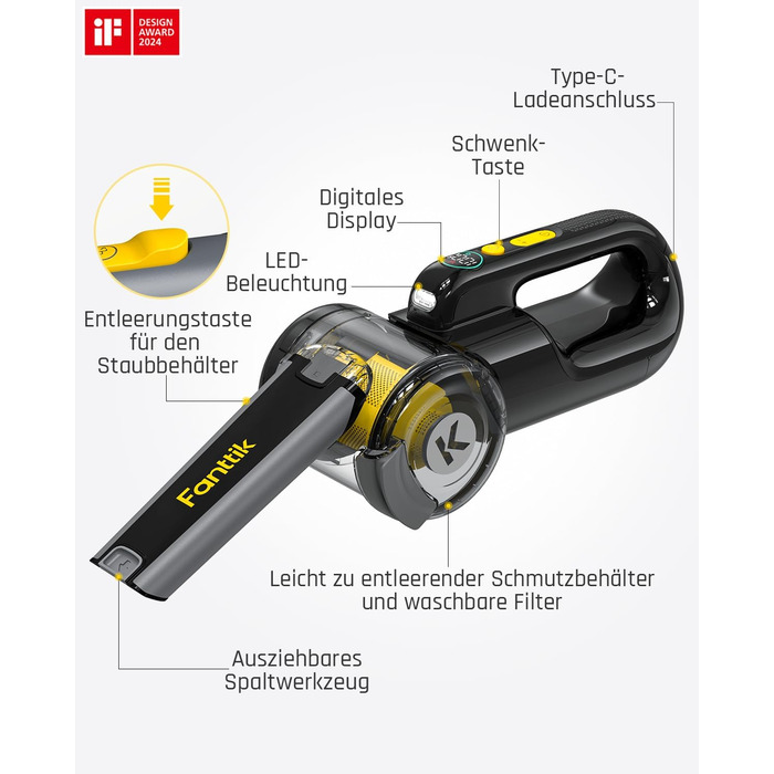 Акумуляторний ручний пилосос Fanttik Fold V10 APEX Pivot для авто та дому, потужність 17 000 Па, LED-дисплей, з гнучким шлангом та щіткою для шерсті тварин