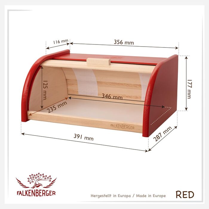 Хлібниця FALKENBERGER Букове дерево 38x28x18см XL Рулонний хлібний контейнер традиційний з кришкою для рулону ручної роботи (червоний)