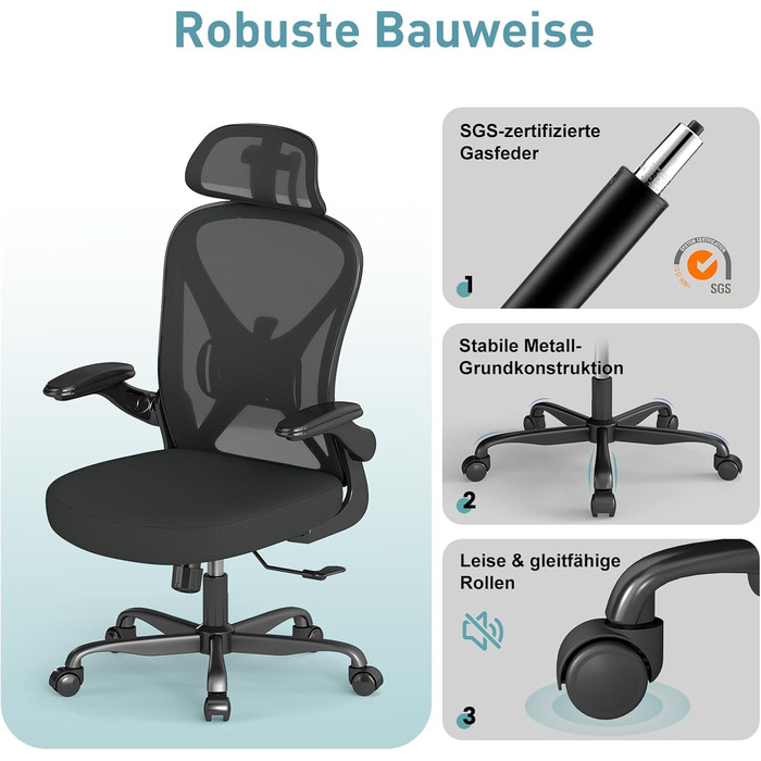 Ергономічне крісло для офісу ZZH, сітчасте крісло з регульованою поперековою підтримкою та підйомними підлокітниками, дихаючий комп'ютерний стілець для дому з обертанням на 360° та регулюванням висоти (Чорний – з підголівником)