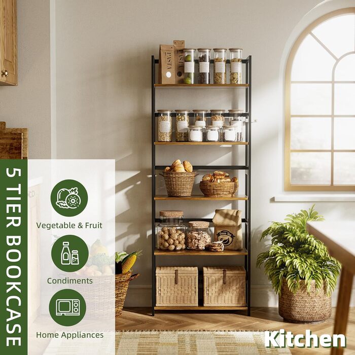 5-ярусна полиця для книг, індустріальна полиця з бамбуковим каркасом, сучасна вітрина, органайзер для зберігання з дерева для вітальні, домашнього офісу, рустикальний коричнево-чорний колір