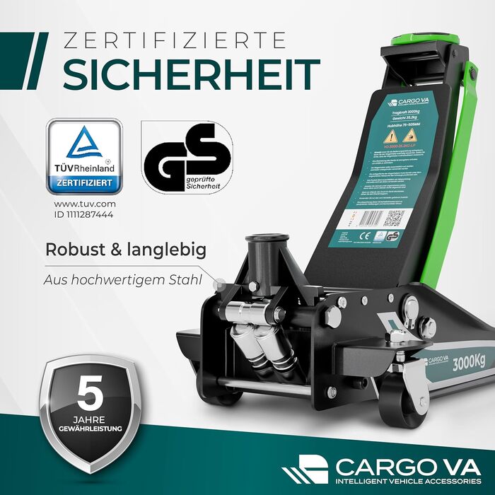 Гідравлічний домкрат CargoVA 3T з низьким профілем (75-505мм) + килимок + 2 гумові накладки | Для SUV та авто з низькою посадкою | Професійний набір для заміни коліс (TÜV)