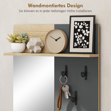 Комплект для передпокою: полиця для взуття, дзеркало, 3 гачки, відкрита полиця, меблі для передпокою, натуральне дерево + сірий