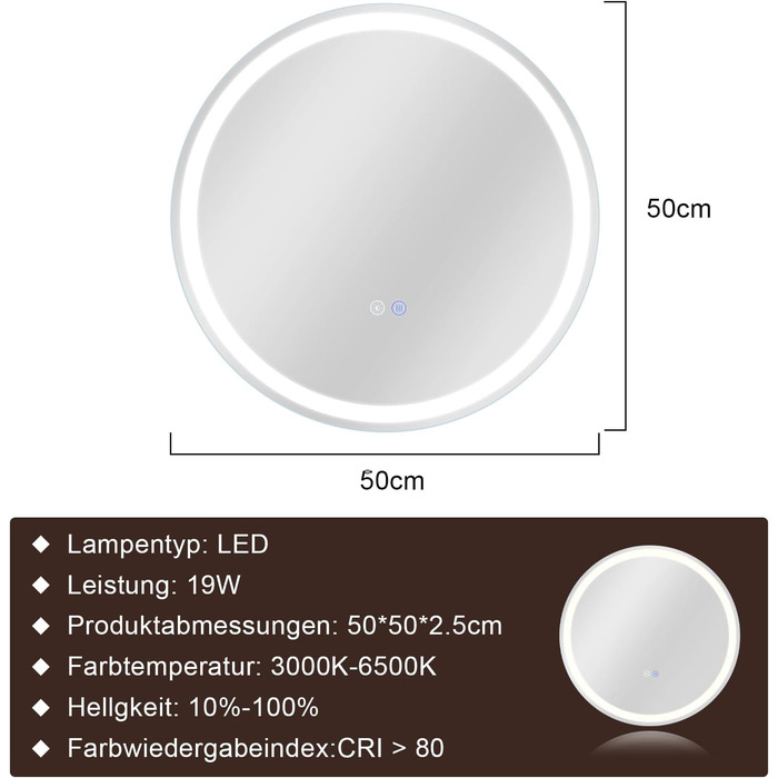 Дзеркало для ванної кімнати Mursche з підсвічуванням LED, 50x70 см, IP44, з сенсорним вимикачем та функцією запобігання запотіванню, регулювання яскравості 3000K-6500K