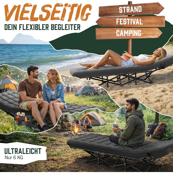 Складане розкладне ліжко ELONEO NEU для кемпінгу та подорожей з преміум-матрацом, витримує до 200 кг, з сумкою для перенесення, антрацит