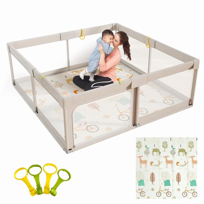 Манеж Mloong Baby 120x120, манеж з килимком і сіткою, присоски (150x150см сірий)