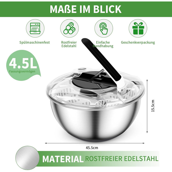 Салатниця-центрифуга 4.5л з нержавіючої сталі - для миття овочів, зелені та ягід