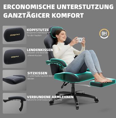 Ігрове крісло Dowinx з масажем попереку, регульованою підголівником, потовщеним сидінням, висувною підніжкою, регульованими підлокітниками, мікрофібровим велюром, нахилом 160°, темно-сіре