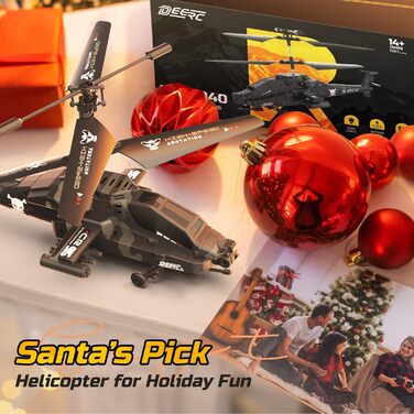 Радіокерований вертоліт DEERC Apache 2.4GHz, 2 акумулятори, 26 хв польоту, LED, стабілізація висоти, автоматичний зліт, чорний – ідеальний подарунок для хлопчиків