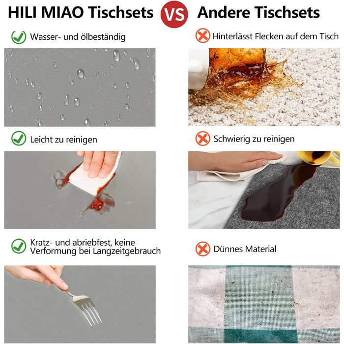 Набір з 6 підкладок під тарілки HELI MIAO, шкіряні, 43x30 см, чорний+сірий