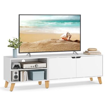 Тумба під телевізор VASAGLE 160 см, біла, з двома дверцятами, для ТВ до 65 дюймів, з регульованими полицями, для вітальні, спальні
