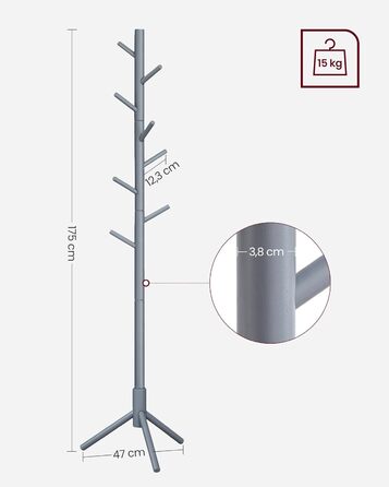 Дзеркало-вішалка для одягу VASAGLE з масиву дерева, сірого кольору, 8 гачків, 3 регульовані висоти, для вітальні, спальні, офісу