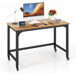 Письмовий стіл з коліщатками, Комп'ютерний стіл з металевим каркасом, Робочий стіл з 4 колесами, Офісний стіл рулонний, Стіл для ПК, 120 x 60 x 76 см, Чорний (натуральний)