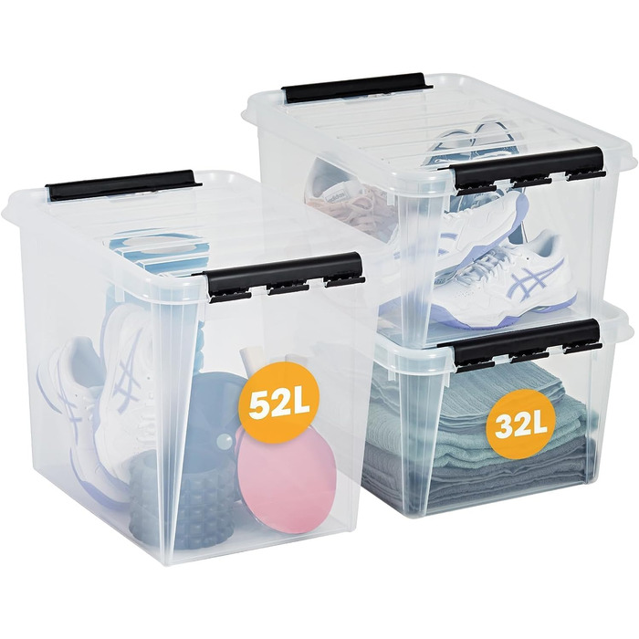 Ящик для зберігання під ліжком SmartStore з кришкою, 4 упаковки, посилений, великий, прозорий, із застібкою, можна штабелювати, пластик без вмісту BPA, 72 x 40 x 19 см (Д x Ш x В) (2 x 32 л 1 x 52 л, 3 упаковки)