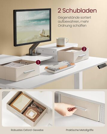 Електричний регульований стіл VASAGLE 120x60 см, білий, з підставкою для монітора, USB-роз'ємами, пам'яттю висоти