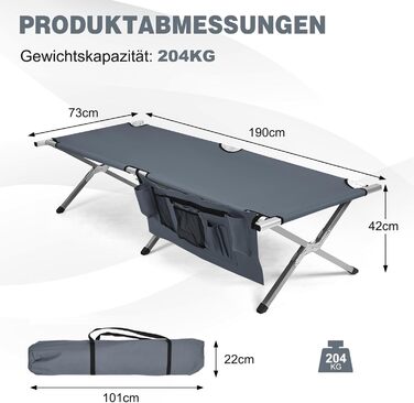 Кемпінгове ліжко COSTWAY, похідне ліжко, розкладачка, шезлонг, кемпінговий шезлонг до 130 кг, односпальне ліжко, розкладачне ліжко з бічною кишенею, 190x73x42см, сірий
