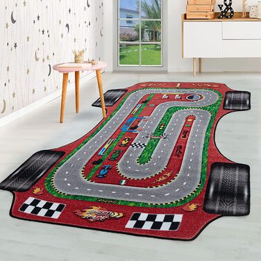 Дитячий килим HomebyHome з коротким ворсом, килим для дитячої кімнати, килимок для ігор, гоночна траса, червоний, Колір червоний, Розмір 100x150 см