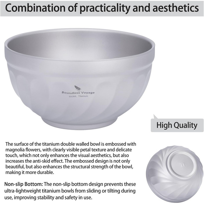 Титанові миски iBasingo з подвійними стінками 500мл та 800мл: для вівсянки, їжі, рису, супу. Легкі, портативні, металеві, для кемпінгу та подорожей