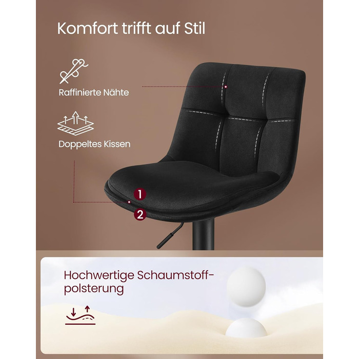 Барні стільці VASAGLE 2 шт. регульовані по висоті, обертаються, зі спинкою та підставкою для ніг, для кухні, їдальні, бару, сталь, LJB195G02 (Чорний, Велюр)