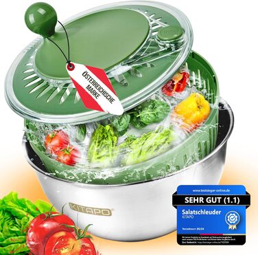 Салатниця-швидкоочисник з нержавіючої сталі з ручним приводом, 4.5л [2-в-1, випуск води, придатна для миття в посудомийній машині, неслизька]