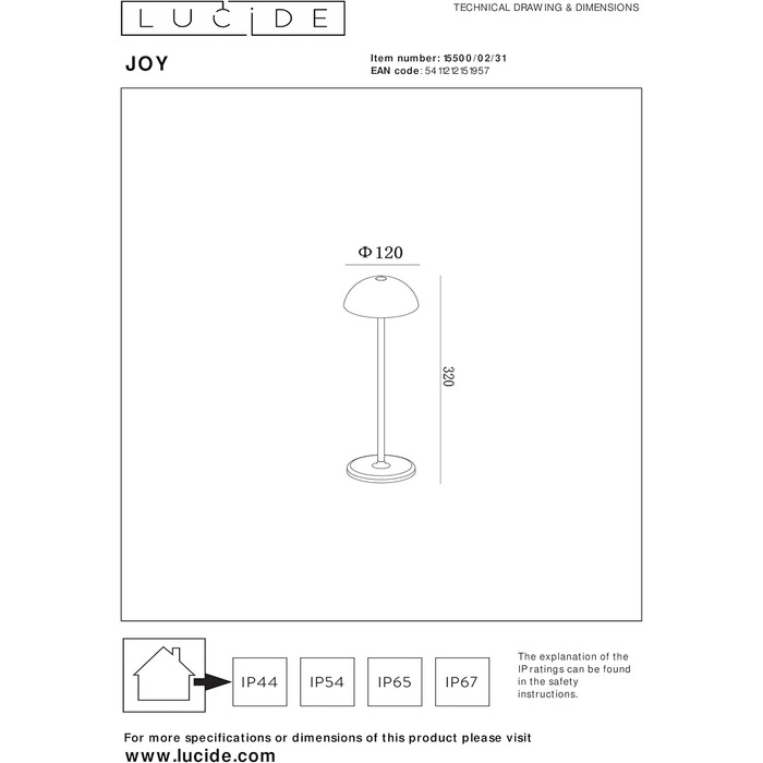 LED-лампа LUCIDE JOY - перезарядна настільна лампа для дому та вулиці, IP54, 1.5W, 3000K, біла