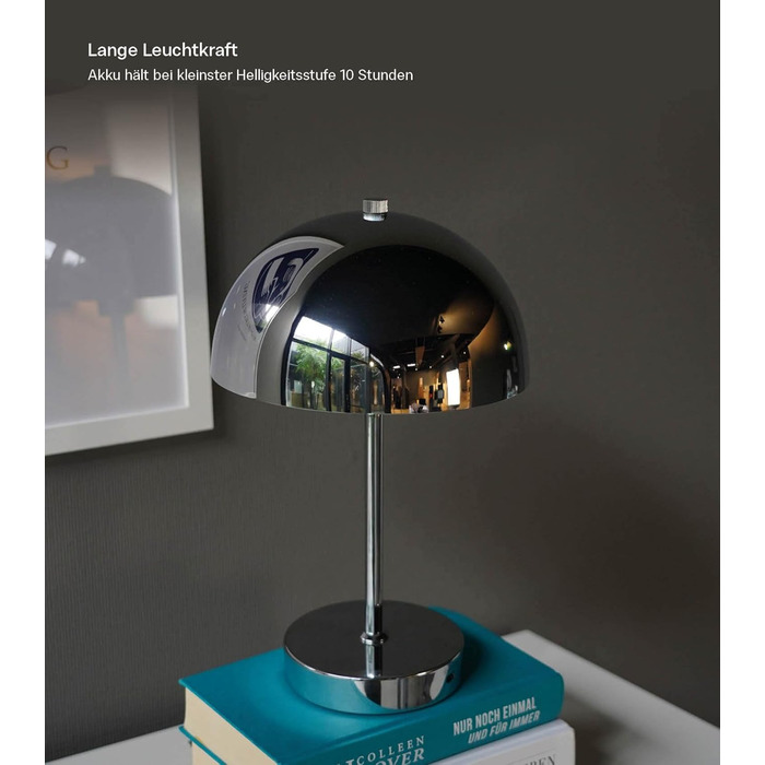 LED настільна лампа Mokebo® 'Leuchtturm' бездротова, акумуляторна, диммер, USB-C, вінтажний квітковий горщик, гриб, нічник, тауп, метал, тепле біле світло (сріблястий)